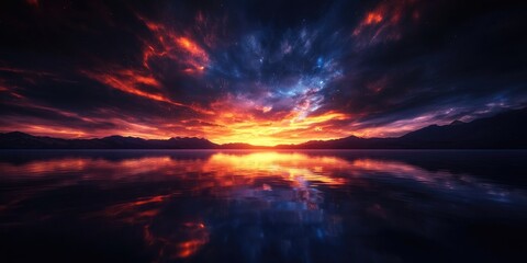Fototapeta premium Sunset over a salt lake, showcasing a vibrant nature landscape A colorful sky illuminated by yellow and blue hues reflects on the tranquil water