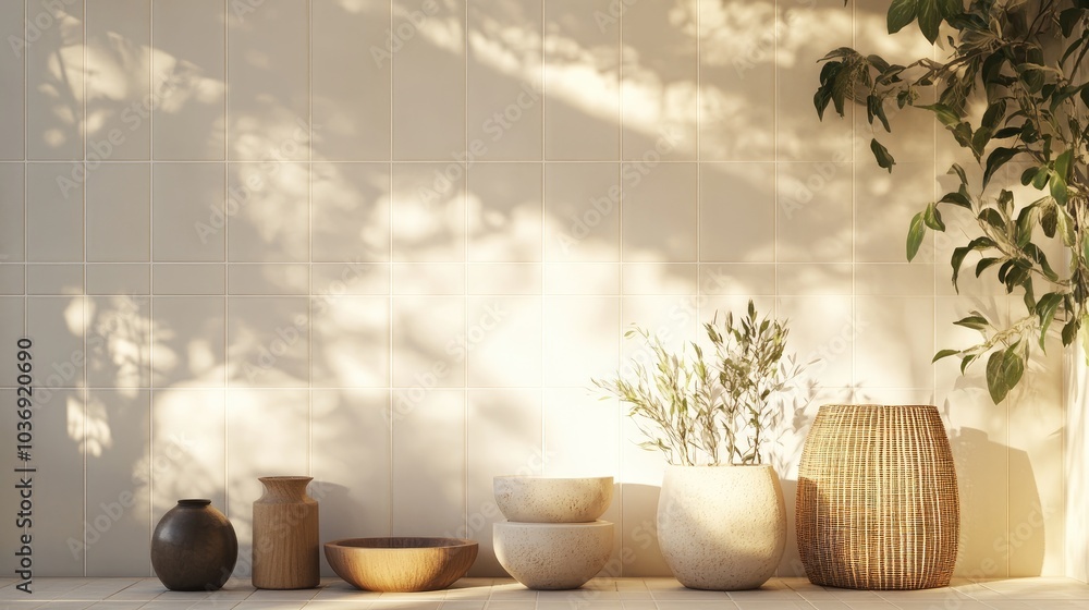 Poster 3d rendering of assorted objects positioned on a white tile backdrop illuminated by warm sunlight