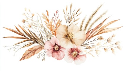 Fototapeta premium Boho style watercolor bouquet featuring flowers dried palm leaves and pampas grass set against a white background