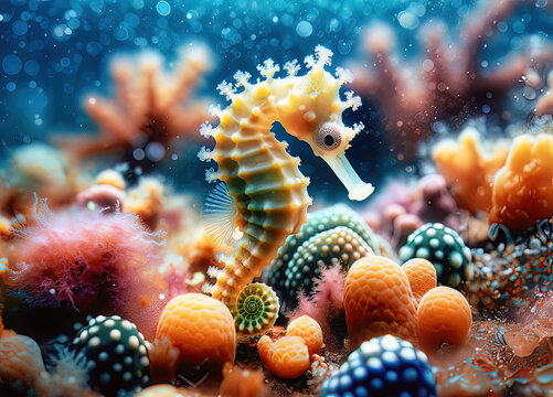 Caballito de mar amarillo entre corales y esponjas coloridas en un vibrante entorno submarino