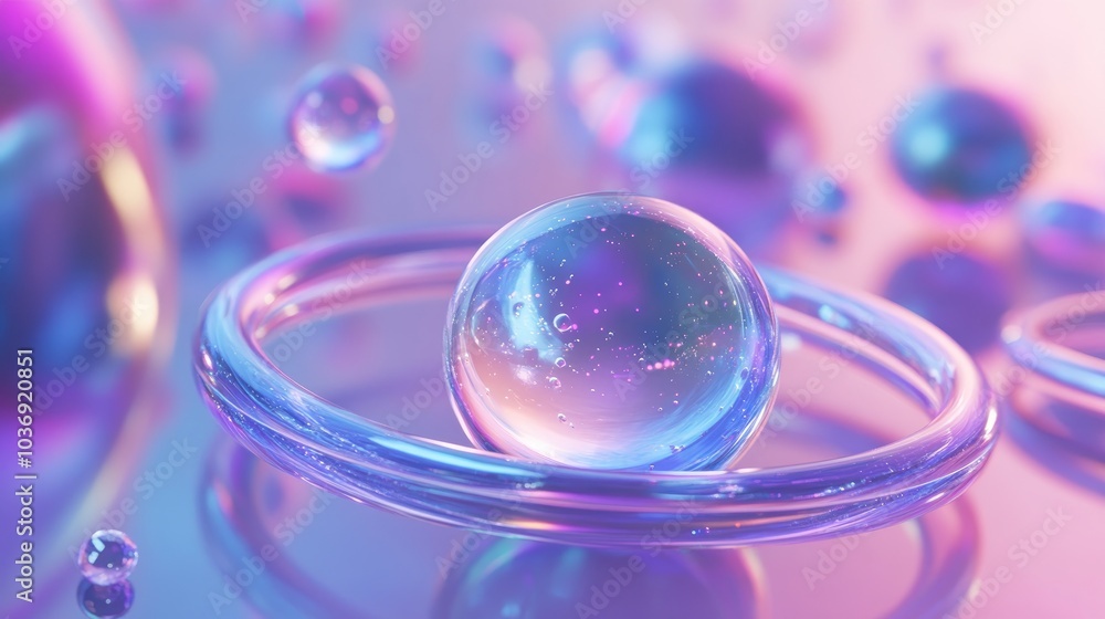 Poster iridescent crystal spheres with rings in a 3d cartoon rendering this glass futuristic planet feature