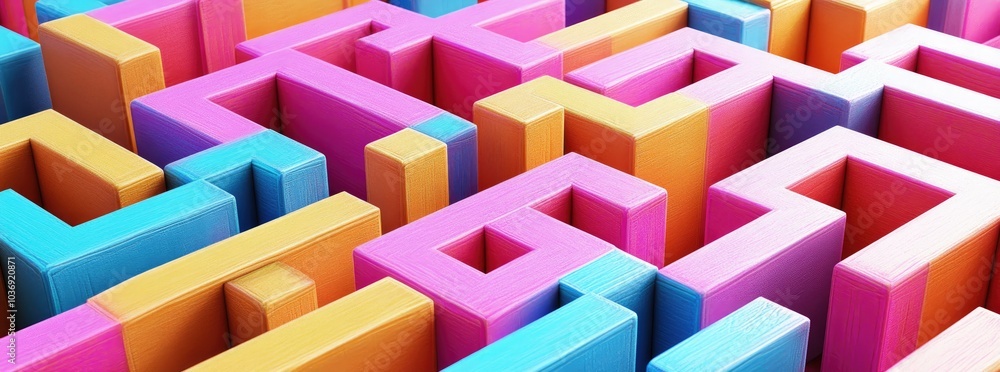 Poster a colorful 3d maze with vibrant walls in various shapes and sizes.