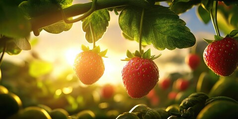 Obraz premium Juicy red strawberries on a green vine illuminated by sunlight during sunset The flourishing of organic plants in a garden