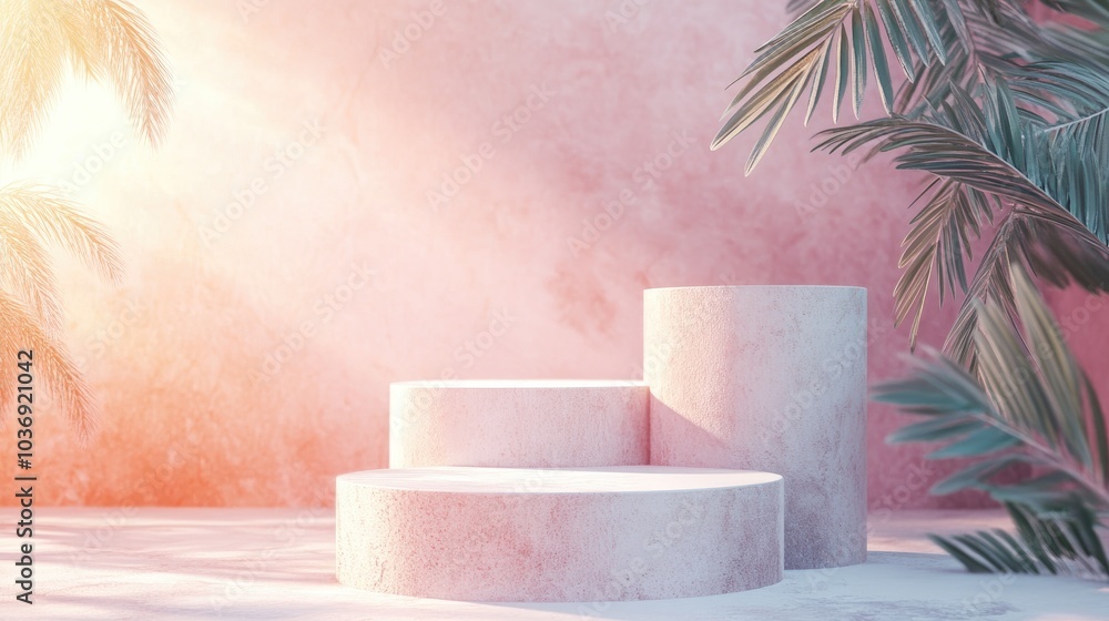 Poster 3d rendered pedestal podium featuring geometric shapes and platforms for product presentation and mo