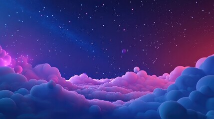 3D cartoon representation of a starry universe background featuring a dark blue galaxy space clouds with nebulae and stars and a nature stardust field in the depth of the universe along with the M