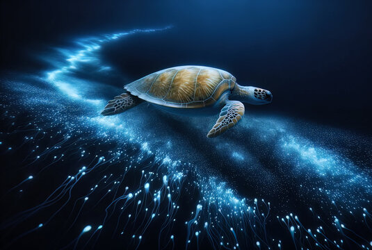 Tortuga marina nadando en un oc&eacute;ano oscuro, rodeada de bioluminiscencia que ilumina su camino.