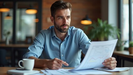 Obraz premium Focused Businessman Analyzing Reports in Cozy Office