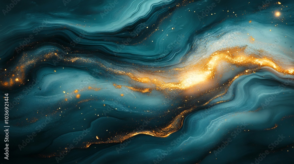 Poster Teal platinum gold abstract background featuring fluid liquid patterns with hints of shamrocks and festive elements creating a modern St Patrick's Day vibe