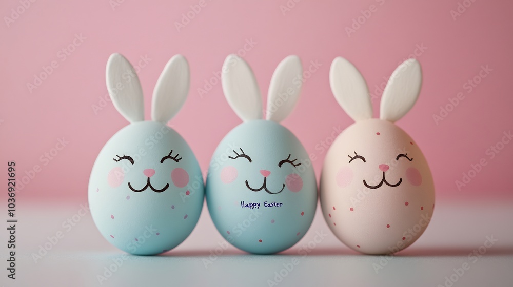 Aufkleber three adorable easter eggs painted smiling bunny faces positioned in a playful staggered layout on a