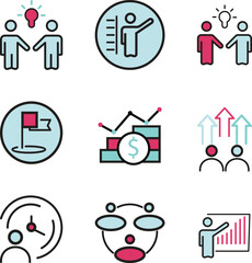 Business teamwork, team building, work group and human resources minimal thin line web icon set. 