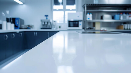 A laboratory with white countertops