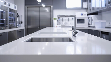 A laboratory with white countertops