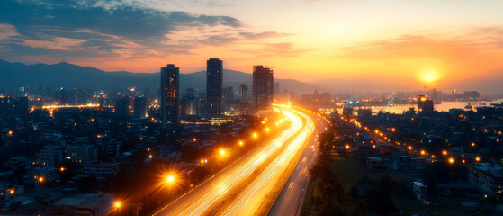 Obraz premium Illuminated Urban Landscape at Night with Bustling Streets and Vibrant Lights 