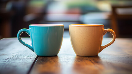 Obraz premium two cups of coffee on wood table in the morning