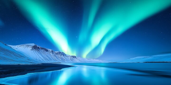 Stunning view of the aurora borealis over snow-covered mountains  creating an enchanting and magical atmosphere with vibrant green lights dancing across the blue sky. northern lights 