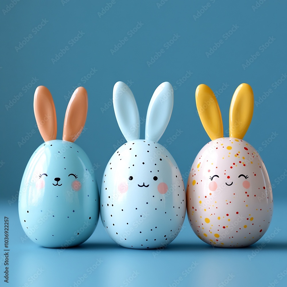 Poster three adorable painted easter eggs bunny ears and happy faces neatly placed in a row on a simple bac