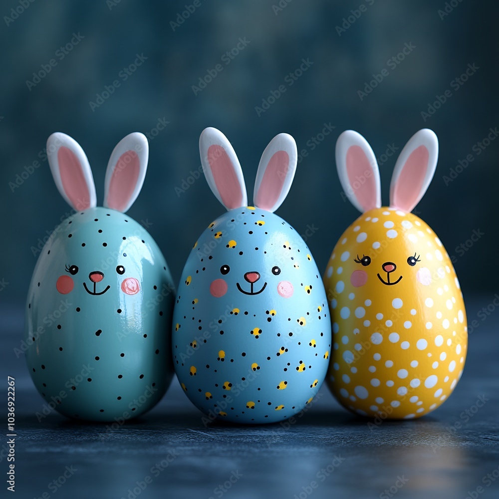 Poster three adorable painted easter eggs bunny ears and happy faces neatly placed in a row on a simple bac