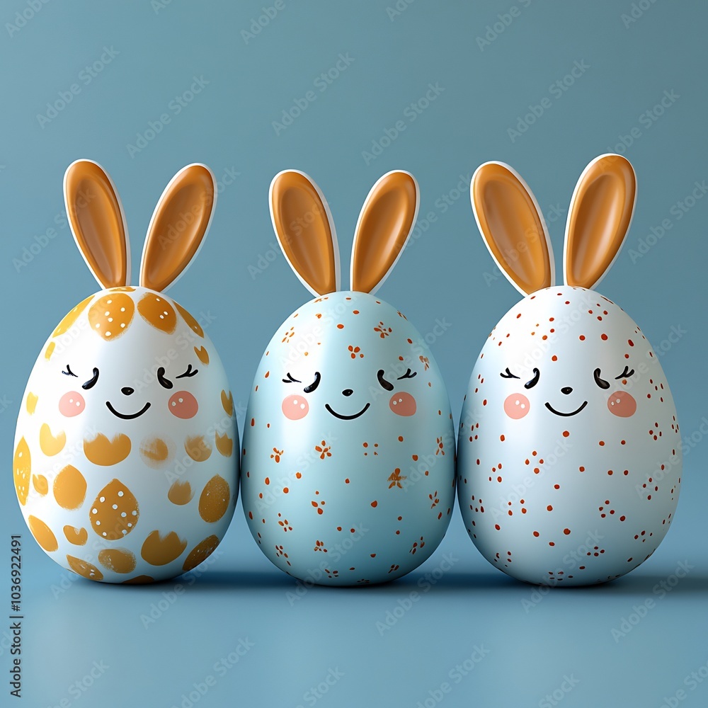 Poster three adorable painted easter eggs bunny ears and happy faces neatly placed in a row on a simple bac