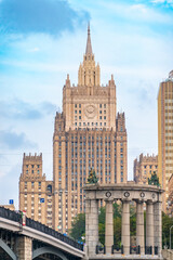 Borodinsky Bridge and Ministry of Foreign Affairs of Russia main building in Moscow. Russia