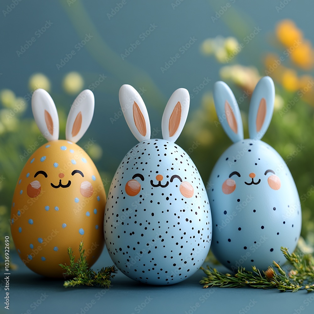 Poster three adorable painted easter eggs bunny ears and happy faces neatly placed in a row on a simple bac