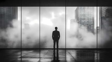 Fototapeta premium Silhouette of a man financier think about something while standing near office window background with copy space for your text message or advertising content, young male thoughtful rest after briefing