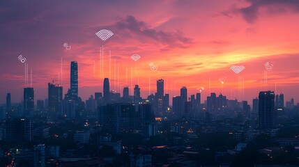 Fototapeta premium Lines and dots as wireless connection technology icons in the sky over city at sunset.