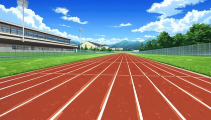 Vibrant sports stadium background showcasing a running track on a sunny day