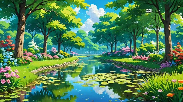 Lush garden with flowers and calm stream under bright daylight. Nature concept  Seamless looping 4k time-lapse animation video background
