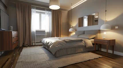 An urban comfort Scandinavian bedroom featuring a double bed with a sleek headboard bedside tables