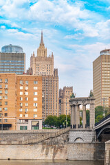 Borodinsky Bridge and Ministry of Foreign Affairs of Russia main building in Moscow. Russia