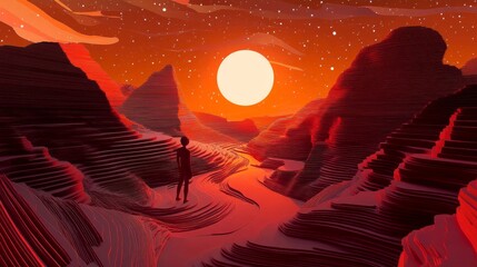 A lone figure standing on a layered, red landscape, illuminated by a large sun.