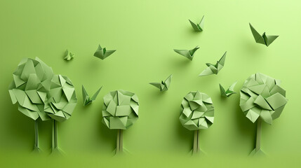 origami natural concept with trees and birds flying on green background