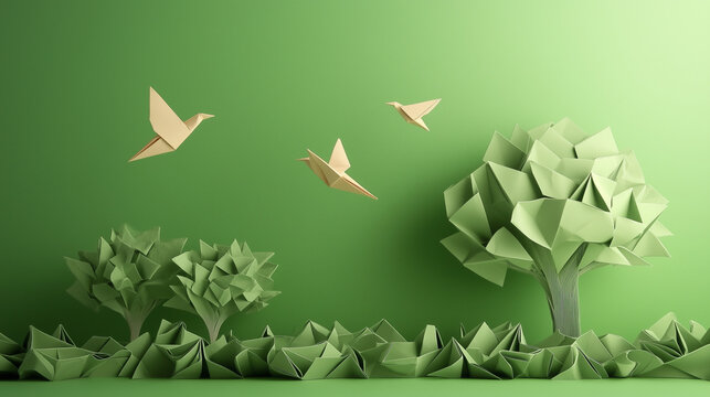 origami natural concept with trees and birds flying on green background