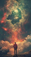 Obraz premium A Man Gazing at the Cosmic Canvas: A Surreal Journey Through the Stars