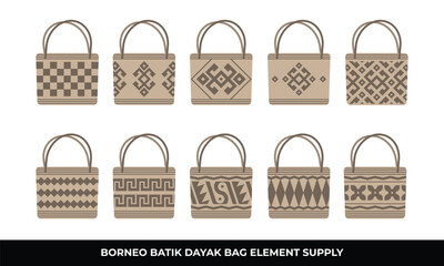 Ten borneo dayak bags with different patterned designs.
