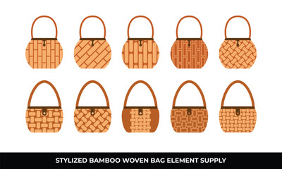 Ten brown woven bags different patterns.