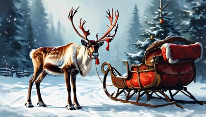 A majestic reindeer stands beside a festively decorated sleigh in a snowy winter wonderland capturing the essence of holiday spirit and nature's beauty
