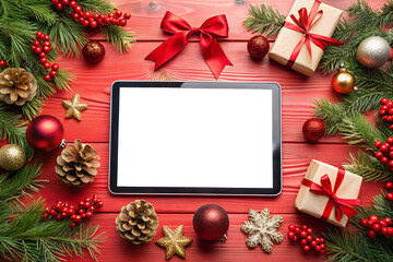 Obraz premium Holiday-themed tablet mockup featuring a blank screen on a vibrant red background, surrounded by festive pine branches, ornaments, gift boxes, and pinecones, ideal for seasonal designs.