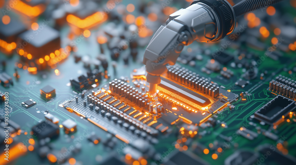 Poster a highly detailed 3d rendering of a robotic arm assembling electronic components in a factory,