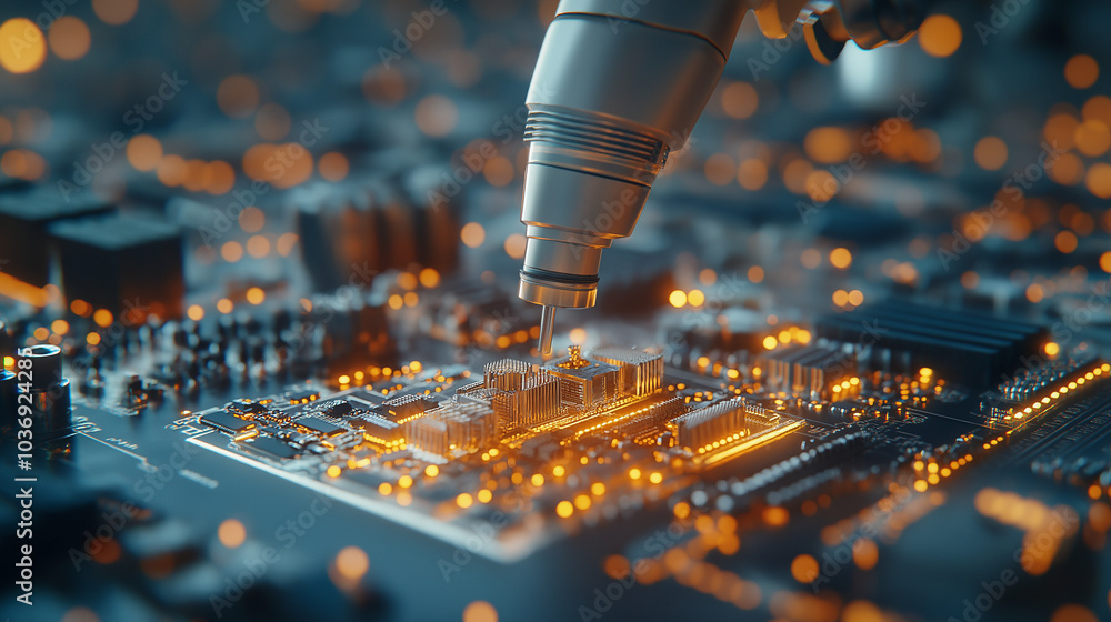 Poster a highly detailed 3d rendering of a robotic arm assembling electronic components in a factory,