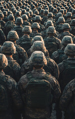 Group of soldiers in military uniforms standing in formation, viewed from the back, evoking a sense of unity, discipline, and strength as they face the horizon.