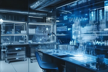 Biotechnology lab with transparent digital screens displaying genetic data, modern research facility