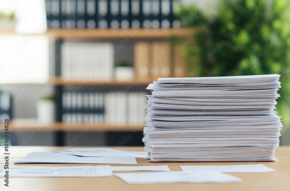 Aufkleber a cluttered stack of papers on a desk in front of neatly arranged files, indicating a busy office en