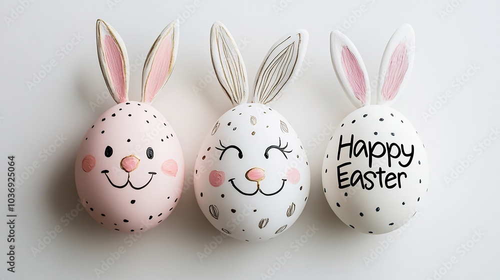 Poster three painted easter eggs bunny faces smiling cheerfully arranged on a clean white background a gene