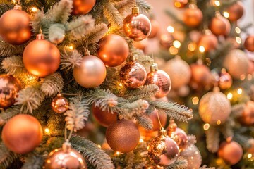 Close-up of a beautifully decorated Christmas tree with peach and gold baubles, creating a festive and elegant atmosphere. Perfect for holiday designs and seasonal branding.