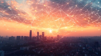 Obraz premium Lines and dots as wireless connection technology icons in the sky over city at sunset.
