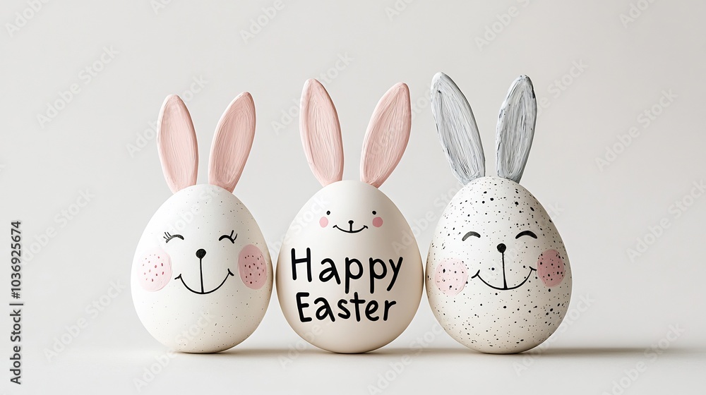 Poster three painted easter eggs bunny faces smiling cheerfully arranged on a clean white background a gene