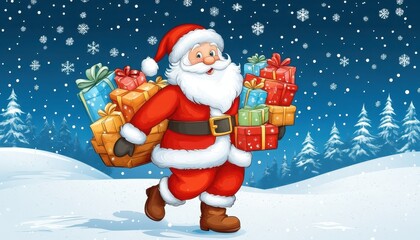Santa Claus joyfully carrying Christmas gifts through a snowy winter landscape