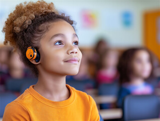 Young black girl in classroom wearing an assistive hearing device