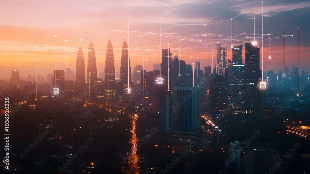 Poster wireless network and connection technology concept with abstract bangkok city background in panorama